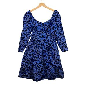 Scaasi Vintage Floral Print Long Sleeve Mini Velvet Applique Dress size 10 Blue